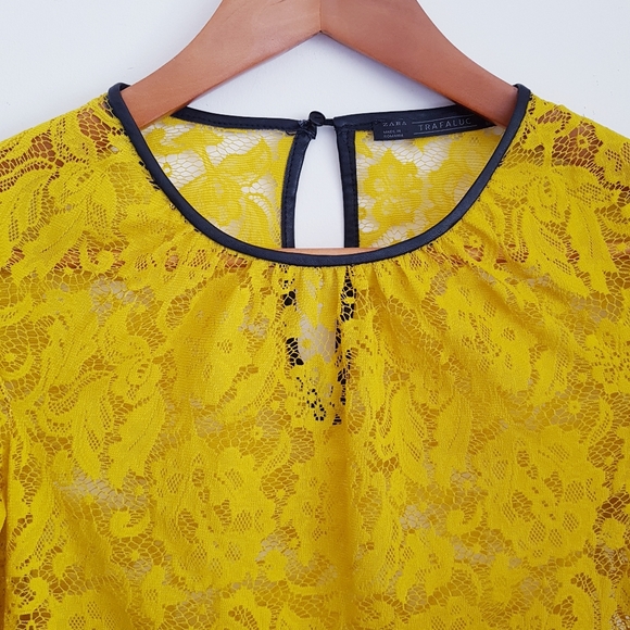 Yellow Lace & Black Faux that Leather Trim Scallop Hem Top - Picture 3 of 9